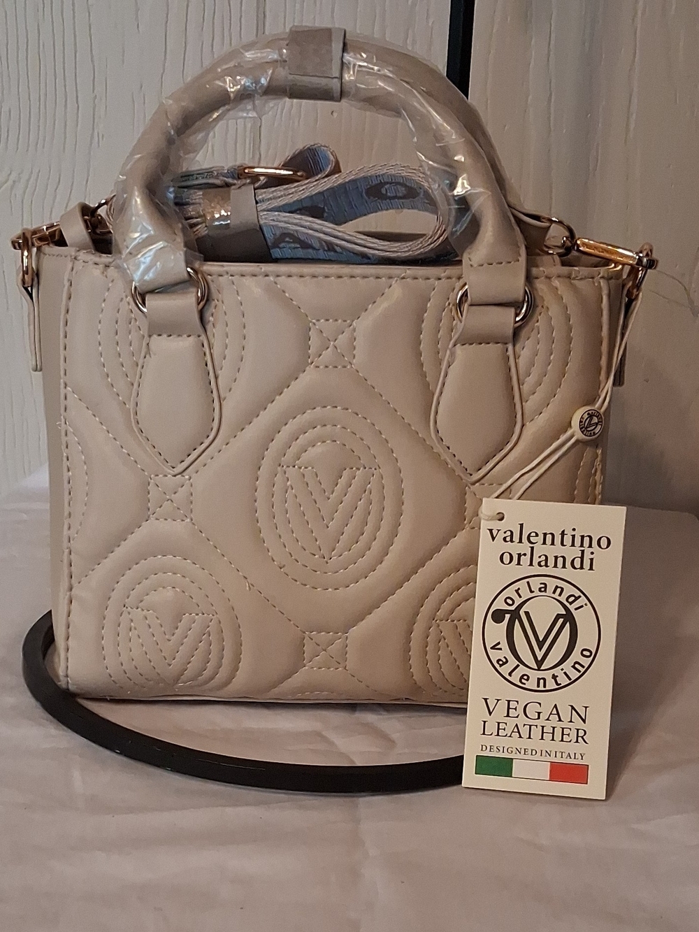 Valentino Orlandi Cream Quilted Vegan Leather Satchel